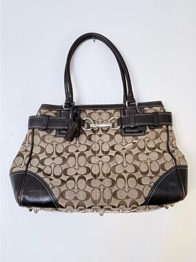 Coach Tan Signature Canvas Shoulder Bag with Dark Brown Leather Trim